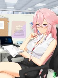 Rule 34 | 1girl, absurdres, alternate costume, bare legs, black skirt, bracelet, breasts, c-r-l-o-0-5, ceiling, chair, cleavage, collared shirt, computer, crossed legs, genshin impact, hair between eyes, highres, holding, holding paper, holding pen, id card, jewelry, laptop, large breasts, long hair, office chair, office lady, on chair, paper, partially unbuttoned, pen, pen to chin, pencil skirt, pink hair, purple eyes, red-framed eyewear, semi-rimless eyewear, shirt, sitting, skirt, solo, swivel chair, tile ceiling, tiles, white shirt, yae miko