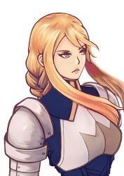 Rule 34 | 1girl, absurdres, agrias oaks, agu (agoppdki), armor, blonde hair, braid, breastplate, breasts, final fantasy, final fantasy tactics, grey eyes, highres, lips, medium breasts, nose, shoulder armor, simple background, solo, upper body, white background