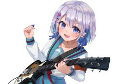 Rule 34 | 1girl, :d, aoi sizuku, blue eyes, blue hair, blue ribbon, blue sailor collar, blue skirt, commentary request, cosplay, electric guitar, grey hair, guitar, hair between eyes, hair ornament, hair ribbon, hairclip, highres, holding, holding instrument, holding plectrum, indie virtual youtuber, instrument, long sleeves, looking at viewer, multicolored hair, nail polish, open mouth, pleated skirt, plectrum, puffy long sleeves, puffy sleeves, purple nails, reityana, ribbon, sailor collar, shirt, simple background, skirt, smile, solo, suzumiya haruhi, suzumiya haruhi (cosplay), suzumiya haruhi no yuuutsu, two-tone hair, v-shaped eyebrows, virtual youtuber, white background, white shirt