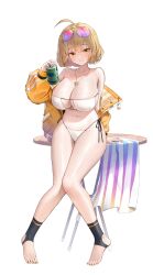 Rule 34 | 1girl, absurdres, ahoge, anis (nikke), anis (sparkling summer) (nikke), aviator sunglasses, bikini, breasts, brown eyes, brown hair, can, cleavage, drink can, eyepatch bikini, eyewear on head, full body, goddess of victory: nikke, highleg, highleg bikini, highres, holding, holding can, jacket, jewelry, large breasts, nail polish, necklace, off shoulder, official alternate costume, on table, open clothes, open jacket, pink-tinted eyewear, short hair, side-tie bikini bottom, soda can, star (symbol), star necklace, stirrup legwear, sunglasses, swimsuit, table, tinted eyewear, toeless legwear, white background, white bikini, wooden table, yarn (yarn 03), yellow jacket