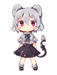Rule 34 | 1girl, :&lt;, adapted costume, akagashi hagane, animal, animal ears, arms behind back, black footwear, black ribbon, black skirt, blush stickers, bobby socks, capelet, chibi, dress shirt, full body, grey hair, grey shirt, hair between eyes, hair ornament, hairclip, jewelry, looking at viewer, mary janes, mouse (animal), mouse ears, mouse tail, nazrin, open mouth, pendant, puffy short sleeves, puffy sleeves, red eyes, ribbon, shirt, shoes, short hair, short sleeves, simple background, skirt, socks, solo, tail, tail ornament, tail ribbon, touhou, triangle mouth, white background