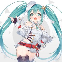 Rule 34 | 1girl, belt, beret, blue hair, braid, collar, commentary, fingerless gloves, gloves, goodsmile company, goodsmile racing, hair between eyes, hair ornament, hand on own hip, hat, hatsune miku, highres, index finger raised, medium hair, micro shorts, puni bon, racing miku, racing miku (2023), ribbon, shorts, sideless outfit, simple background, star (symbol), thighhighs, twintails, vocaloid, white headwear