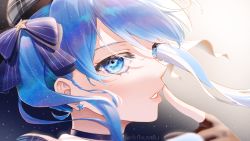Rule 34 | 1girl, absurdres, beret, blue eyes, blue hair, choker, earrings, finger to mouth, gloves, hair ribbon, hat, highres, hololive, hoshimachi suisei, huybu51, jewelry, medium hair, parted lips, partially fingerless gloves, ribbon, shooting star, side ponytail, solo, star (symbol), star earrings, symbol-shaped pupils, twitter username, virtual youtuber