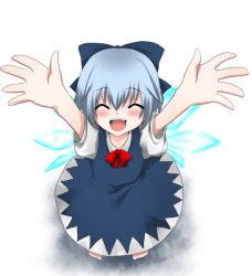 Rule 34 | 1girl, bad id, bad pixiv id, blue hair, cirno, closed eyes, embodiment of scarlet devil, fang, female focus, foreshortening, happy, incoming hug, marimozuku, smile, solo, touhou, wings