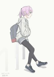 Rule 34 | 1girl, against railing, artist name, backpack, bag, beige background, black leggings, blue eyes, casual, cat zipper, commentary request, dated, from side, full body, grey shorts, hands in pocket, highres, hood, hood down, hooded jacket, jacket, kantai collection, koubakotone, leggings, long sleeves, looking ahead, no socks, parted lips, pink hair, pocket, pointy nose, ponytail, railing, shiranui (kancolle), shoes, short shorts, shorts, sidelocks, sneakers, solo, zipper