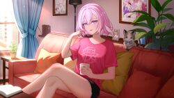 Rule 34 | 1girl, absurdres, animal, black shorts, book, breasts, cat, commentary request, couch, crossed legs, cup, curtains, day, dolphin shorts, elysia (honkai impact), hair between eyes, hand up, hh long, highres, holding, holding cup, honkai (series), honkai impact 3rd, indoors, lamp, looking at viewer, on couch, open book, parted lips, pillow, pink hair, pink shirt, plant, potted plant, purple eyes, shelf, shirt, short hair, short sleeves, shorts, sitting, small breasts, smile, solo, sunlight, table, window, wooden floor