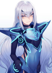 Rule 34 | 1girl, armor, armored dress, banned artist, blue armor, blue dress, breastplate, breasts, brown eyes, dress, melusine (fate), fate/grand order, fate (series), faulds, forked eyebrows, kyoeiki, long hair, looking at viewer, pauldrons, short dress, shoulder armor, sidelocks, small breasts, solo, white hair