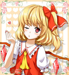 Rule 34 | 1girl, blowing kiss, blush, bow, female focus, flandre scarlet, flower, hair bow, heart, mount whip, nail polish, no headwear, no headwear, o3o, one eye closed, pink flower, pink nails, pink rose, red eyes, rose, short hair, side ponytail, solo, embodiment of scarlet devil, touhou, upper body, wings, wink