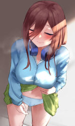 Rule 34 | 1girl, after vaginal, aftersex, amog, blue cardigan, blue panties, blush, breasts, brown hair, cardigan, closed eyes, closed mouth, clothes lift, commentary request, cum, cum in clothes, cum in panties, go-toubun no hanayome, green skirt, groin, hair over one eye, headphones, headphones around neck, heavy breathing, large breasts, lifted by self, long hair, long sleeves, nakano miku, navel, paid reward available, panties, pleated skirt, school uniform, skirt, skirt lift, solo, stained panties, standing, underwear, visible air
