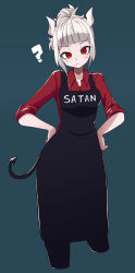 Rule 34 | 1girl, ?, absurdres, apron, asutoro (s--t), black apron, black background, black pants, black tail, blunt bangs, blush stickers, closed mouth, clothes writing, collared shirt, commentary, cropped legs, demon girl, demon horns, demon tail, food, food on face, frown, hair tie, hands on own hips, head tilt, helltaker, highres, horns, looking at viewer, lucifer (helltaker), mole, mole under eye, pants, red eyes, red shirt, shirt, short hair, short ponytail, sidelocks, simple background, sleeves rolled up, solo, standing, tail, white hair, white horns, wing collar