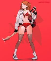 Rule 34 | 1girl, adapted costume, bikini, bikini top only, bikini under clothes, blue eyes, cesar art456, curvy, guitar, highres, instrument, jacket, long hair, looking to the side, neon genesis evangelion, red background, red bikini, short shorts, shorts, simple background, solo, souryuu asuka langley, swimsuit, thighhighs, wide hips