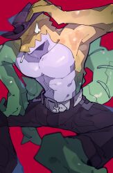 Rule 34 | 1boy, abs, bara, barefoot, black pants, blank eyes, brown hat, cigarette, commentary, cowboy hat, crocodile boy, crocodilian tail, furry, furry male, gummigoo, hand on headwear, hat, highres, male focus, muscular, muscular male, no pupils, pants, pectorals, red background, tail, tearing up, the amazing digital circus, topless male, usag11100
