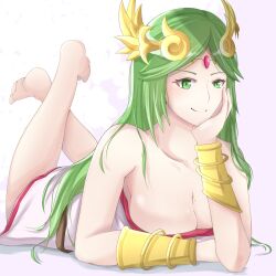 Rule 34 | 1girl, absurdres, barefoot, breasts, cleavage, collarbone, diadem, ega-chan, forehead jewel, full body, green eyes, green hair, highres, kid icarus, kid icarus uprising, large breasts, looking at viewer, lying, nintendo, on stomach, palutena, smile, the pose, vambraces