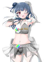 Rule 34 | 1girl, ;d, absurdres, anchor earrings, armpits, asakawa-san (8107ka), bare shoulders, blue hair, blush, breasts, cleavage, clothes writing, clothing request, collarbone, collared shirt, colored shadow, commentary request, cowboy shot, crop top, drop shadow, earrings, fingerless gloves, garter straps, gloves, grey choker, grey shirt, grey shorts, groin, hair bun, hand on own face, hat, highres, jewelry, long hair, looking at viewer, love live!, love live! sunshine!!, medium breasts, midriff, mini hat, navel, one eye closed, open mouth, outstretched arm, race queen, red eyes, shadow, shirt, short shorts, shorts, side bun, sidelocks, simple background, single hair bun, single side bun, sleeveless, sleeveless shirt, smile, solo, standing, thighhighs, tsushima yoshiko, white background, white gloves, white thighhighs, wrist cuffs