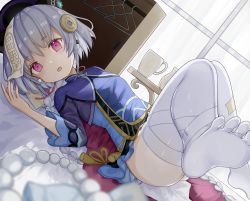 Rule 34 | 1girl, absurdres, arno (ft3014), beads, bed, bed sheet, braid, braided ponytail, dress, feet, frilled dress, frills, genshin impact, hair ornament, highres, jiangshi, looking at viewer, lying, on back, on bed, open mouth, purple eyes, purple hair, qiqi (genshin impact), soles, solo, thighhighs, toes, white thighhighs