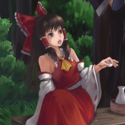 Rule 34 | 1girl, ascot, bottle, bow, breasts, brown eyes, brown hair, bush, choko (cup), collared shirt, commentary, cup, detached sleeves, feet out of frame, firewink, frilled bow, frilled hair tubes, frilled shirt collar, frills, hair bow, hair tubes, hakurei reimu, long hair, looking to the side, medium breasts, open mouth, red bow, red shirt, red skirt, ribbon-trimmed sleeves, ribbon trim, russian commentary, sake bottle, shirt, sidelocks, sitting, skirt, skirt set, sleeveless, sleeveless shirt, solo, touhou, tree, white sleeves, wide sleeves, yellow ascot