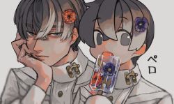Rule 34 | 2boys, absurdres, black eyes, black hair, buttons, closed mouth, collared shirt, commentary request, fatalbug896, flower, food, hair between eyes, hair flower, hair ornament, hand on own chin, head rest, highres, holding, holding food, latch, licking, long sleeves, looking at viewer, male focus, multiple boys, orange flower, original, popsicle, purple flower, shirt, short hair, simple background, tongue, tongue out, upper body, white background, white shirt