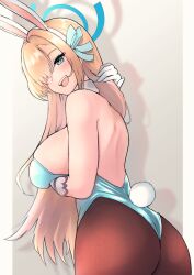 Rule 34 | 1girl, :d, absurdres, animal ears, aqua bow, aqua eyes, aqua leotard, arm under breasts, ass, asuna (blue archive), asuna (bunny) (blue archive), asymmetrical bangs, asymmetrical hair, back, bare shoulders, blonde hair, blue archive, blush, bow, breasts, collar, cowboy shot, detached collar, eyelashes, fake animal ears, fake tail, from side, gloves, hair bow, hair over one eye, halo, hand in own hair, highleg, highleg leotard, highres, large breasts, leotard, long hair, looking at viewer, looking to the side, one eye covered, open mouth, pantyhose, playboy bunny, rabbit ears, rabbit tail, shadow, sidelocks, smile, solo, straight hair, tail, tananne, teeth, turning head, upper teeth only, white collar, white gloves