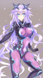 Rule 34 | + +, 10s, 1girl, bad id, bad pixiv id, blue eyes, blush, bodysuit, breasts, clenched hand, contrapposto, covered erect nipples, female focus, flipped hair, gloves, grey background, hair between eyes, headgear, hinano, impossible bodysuit, impossible clothes, large breasts, light particles, light smile, long hair, looking at viewer, magical girl, neon trim, neptune (neptunia), neptune (series), next purple, nipples, purple bodysuit, purple heart (neptunia), raised eyebrows, shin jigen game neptune vii, simple background, skin tight, smile, solo, standing, symbol-shaped pupils, turtleneck, very long hair, wavy hair