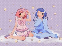 Rule 34 | 2girls, ;d, arm up, ayase naru, blue dress, blue eyes, blue hair, blue jacket, blue thighhighs, bow, brown eyes, commentary request, covering own mouth, dress, full body, hairband, hand over own mouth, hand up, highres, jacket, looking at viewer, mea (meari mr), multiple girls, no shoes, one eye closed, open clothes, open jacket, open mouth, pajamas, pink bow, pink hair, pink hairband, pink shirt, pink shorts, polka dot, polka dot background, pretty rhythm, pretty rhythm rainbow live, pretty series, purple background, rinne (pretty rhythm), shirt, short hair, shorts, sitting, slippers, smile, star (symbol), starry background, thighhighs, yawning