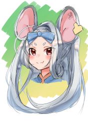 Rule 34 | absurdres, animal ears, blue archive, blue bow, blue dress, blush, bow, chinese clothes, dress, ear tag, fang, grey hair, grin, hair ornament, hair ribbon, highres, long hair, long sleeves, mouse ears, mouse girl, red eyes, ribbon, saya (blue archive), smile, tsugumi amon, upper body, very long hair