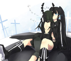 Rule 34 | 10s, 2girls, backless outfit, bare back, black hair, black rock shooter, black rock shooter (character), blue eyes, boots, comforting, cross, dead master, expressionless, gloves, glowing, glowing eyes, green hair, hand on head, highres, hinagi (fox priest), horns, hug, jacket, long hair, multiple girls, short hair, sitting, tears, translation request, very long hair, wings, yuri