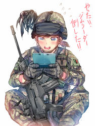 Rule 34 | 1girl, assault rifle, blue eyes, blush, brown hair, camouflage, daito, fatigues, feathers, gloves, gun, handheld game console, hat, helmet, italy, magazine (weapon), military, military uniform, nintendo 3ds, nintendo ds, orange hair, original, rifle, short hair, sitting, solo, translated, uniform, weapon