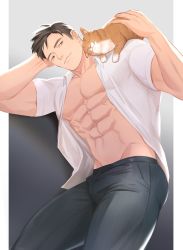 Rule 34 | 1boy, abs, animal, animal on shoulder, arbbun, bara, black pants, bulge, cat, cat on shoulder, commentary request, feet out of frame, highres, large pectorals, leaning to the side, male focus, muscular, muscular male, navel, nipples, open clothes, open shirt, original, pants, pectoral cleavage, pectorals, petting, shirt, short hair, sideburns, solo, stomach, thick thighs, thighs, white shirt