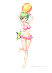 Rule 34 | 1girl, absurdres, armpits, arms up, ball, bare legs, barefoot, beachball, bikini, breasts, choker, cleavage, collarbone, copyright name, dated, full body, green hair, hair ornament, hairclip, highres, holding, jewelry, leg up, looking at viewer, medium breasts, nagayama yuunon, navel, necklace, official art, page number, pink bikini, polka dot, purple eyes, scan, scrunchie, short hair, simple background, smile, solo, standing, standing on one leg, stomach, summer pockets, swimsuit, thigh strap, toes, water gun, white background, wrist scrunchie