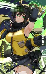 Rule 34 | 1girl, ahoge, arm up, bare shoulders, bike shorts, black hair, blonde hair, breasts, clothes around waist, colored tips, commission, duel monster, elbow gloves, fingerless gloves, forehead protector, gloves, gradient hair, green eyes, highres, hsin, jacket, jacket around waist, large breasts, multicolored hair, pixiv commission, ponytail, s-force rappa chiyomaru, s:p little knight, scarf, short shorts, shorts, sleeveless, solo, thighhighs, vambraces, yu-gi-oh!