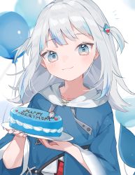 Rule 34 | 1girl, absurdres, balloon, blue eyes, blue hair, blush, cake, fins, fish tail, food, gawr gura, gawr gura (1st costume), hair ornament, happy birthday, highres, hololive, hololive english, hood, hoodie, looking at viewer, mokyuko, multicolored hair, open mouth, shark tail, silver hair, solo, streaked hair, tail, virtual youtuber