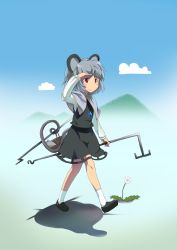 Rule 34 | 1girl, animal ears, basket, blush, dandelion, dowsing rod, female focus, flower, grey hair, jewelry, mouse ears, mouse tail, multiple girls, nazrin, necklace, red eyes, shading eyes, short hair, sinzan, smile, solo, tail, touhou, walking