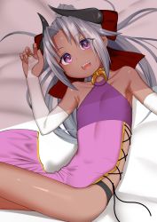 Rule 34 | 1girl, bow, bridal gauntlets, dark-skinned female, dark skin, dress, flat chest, gloggy, grey hair, hair bow, halterneck, highres, horns, leaning to the side, long hair, lying, open mouth, original, parted bangs, ponytail, purple dress, purple eyes, red bow, side slit