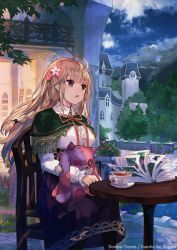 Rule 34 | 1girl, ahoge, black skirt, blonde hair, blunt bangs, book, braid, breasts, brigare, capelet, castle, collared shirt, commentary, copyright name, cup, dress shirt, flower, green capelet, hair flower, hair ornament, high-waist skirt, large breasts, long hair, long skirt, long sleeves, looking afar, makihitsuji, neck ribbon, on chair, open book, pink flower, red ribbon, ribbon, saucer, shirt, sitting, skirt, solo, stuffed animal, stuffed toy, symbol-only commentary, table, teacup, tree, white shirt, yellow eyes
