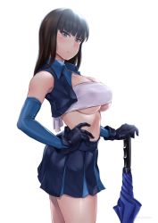 Rule 34 | 1girl, bandeau, black hair, black skirt, black vest, blue gloves, breasts, brown eyes, closed umbrella, cowboy shot, elbow gloves, girls und panzer, gloves, hand on own hip, highres, large breasts, long hair, looking at viewer, midriff, mature female, nishizumi shiho, planted, planted umbrella, pleated skirt, race queen, simple background, skirt, solo, standing, straight hair, umbrella, underboob, vest, wa (genryusui), white background