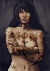 Rule 34 | 1girl, animal ears, black hair, blake belladonna, cat ears, completely nude, crossed arms, full-body tattoo, lips, long hair, navel, nose, nude, realistic, roman imperial, rwby, slit pupils, tattoo, yellow eyes