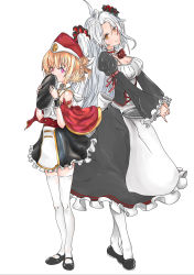 Rule 34 | 2girls, alternate costume, azur lane, blonde hair, breasts, commentary request, covering own mouth, enmaided, hair ornament, hat, highres, leipzig (azur lane), long hair, looking at viewer, maid, multiple girls, orange eyes, prinz eugen (azur lane), purple eyes, short hair, silver hair, simple background, thighhighs, trap, white background, white legwear