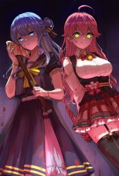 Rule 34 | 2girls, :q, ahoge, arms behind back, axe, black legwear, blood, blood on axe, blood on clothes, blood on face, blood on hands, bloody knife, blue eyes, blue hair, blue sailor collar, blue shirt, blue skirt, bow, bracelet, breasts, closed mouth, collared shirt, corset, earrings, flower, frilled skirt, frills, garter straps, glowing, glowing eye, green eyes, hair between eyes, hair bun, hair flower, hair ornament, hair ribbon, hand up, highres, holding, holding axe, holding knife, hololive, hoshimachi suisei, hoshimachi suisei (school uniform), jewelry, knife, large breasts, long hair, looking at viewer, multiple girls, parted lips, plaid, plaid skirt, red skirt, ribbon, sailor collar, sakura miko, sakura miko (casual), shirt, short sleeves, single side bun, skirt, thighhighs, tongue, tongue out, virtual youtuber, white shirt, yandere, yellow bow, yuu201023