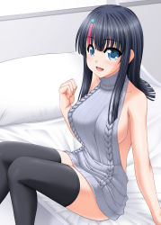 Rule 34 | 1girl, backless dress, backless outfit, bare shoulders, bed, black hair, black thighhighs, blue eyes, blush, breasts, dress, fate/grand order, fate/requiem, fate (series), grey sweater, highres, kiryuu makoto, large breasts, looking at viewer, magatama, magatama hair ornament, medium hair, meme attire, multicolored hair, on bed, open mouth, pillow, pink hair, sideboob, sidelocks, sitting, smile, streaked hair, sweater, sweater dress, thighhighs, turtleneck, turtleneck sweater, utsumi erice, virgin killer sweater