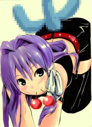 Rule 34 | 00s, 1girl, all fours, censored, cherry, clannad, fake censor, food, fruit, fujibayashi kyou, futari no ana, garter straps, looking at viewer, mosaic censoring, mouth hold, purple hair, simple background, smile, solo, tail, thighhighs, zettai ryouiki