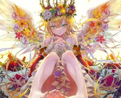Rule 34 | 1girl, blonde hair, crown, flower, green eyes, green flower, hair between eyes, long hair, looking at viewer, original, own hands clasped, own hands together, solo, tsukioka tsukiho, very long hair, white background, wings