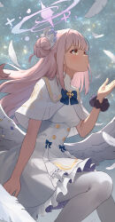 Rule 34 | 1girl, absurdres, black scrunchie, blue archive, blush, capelet, closed mouth, dress, feathered wings, feathers, flower, hair bun, hair flower, hair ornament, halo, highres, long hair, mika (blue archive), pink hair, pink halo, purple flower, sakura rii, scrunchie, single side bun, solo, white capelet, white dress, white wings, wings, wrist scrunchie, yellow eyes