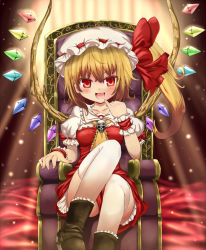 Rule 34 | 1girl, blonde hair, chair, fang, female focus, flandre scarlet, hat, open mouth, pinky out, ponytail, red eyes, short hair, side ponytail, sitting, skull, smile, solo, sumisu (mondo), thighhighs, throne, touhou, white thighhighs, wings, wrist cuffs