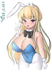 Rule 34 | absurdres, blonde hair, breasts, detached collar, double bun, fletcher (kancolle), gloves, hair bun, highres, kantai collection, large breasts, leotard, long hair, pantyhose, playboy bunny, purple eyes, simple background, tf cafe, twitter username, v, white gloves, white pantyhose