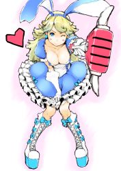 Rule 34 | 1girl, animal ears, bad id, bad pixiv id, blonde hair, blush stickers, bravely default: flying fairy, bravely default (series), breasts, rabbit ears, cleavage, earrings, frills, heart, jewelry, leaning forward, long hair, mak, one eye closed, praline a la mode, smile, solo, wand, wink