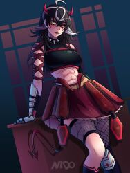 Rule 34 | 1girl, abs, affternido, alternate costume, arm support, asymmetrical legwear, black bracelet, black collar, black hair, black shirt, black thighhighs, blush, bracelet, breasts, collar, cropped shirt, emikukis (vtuber), feet out of frame, female focus, fishnet thighhighs, fishnets, gloves, green eyes, grey gloves, heterochromia, indie virtual youtuber, indoors, jewelry, large breasts, leaning back, lips, long hair, midriff, multicolored hair, muscular, muscular female, nose, parted lips, pink eyes, red shirt, red skirt, shirt, skirt, sleeveless, sleeveless shirt, solo, spiked collar, spikes, standing, streaked hair, teeth, thighhighs, two-tone hair, two-tone shirt, virtual youtuber, white hair