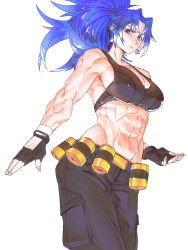 Rule 34 | 1girl, abs, ammunition belt, bare shoulders, belt, black pants, blue eyes, blue hair, breasts, cargo pants, clenched hand, earrings, fingerless gloves, gloves, highres, jewelry, leona heidern, looking at viewer, midriff, minew, muscular, muscular female, navel, pants, ponytail, sleeveless, solo, the king of fighters, the king of fighters xiii