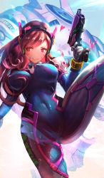 Rule 34 | 1girl, absurdres, animal print, arm up, armor, blurry, bodysuit, bouncing breasts, bracer, breasts, brown hair, closed mouth, clothes writing, covered erect nipples, covered navel, d.va (overwatch), depth of field, facial mark, finger on trigger, glint, gloves, gun, headphones, heart, highres, holding, holding gun, holding weapon, ibara dance, leg up, legs, lens flare, light particles, long hair, long sleeves, looking at viewer, mecha, medium breasts, meka (overwatch), overwatch, overwatch 1, pauldrons, pilot suit, rabbit print, red eyes, robot, shoulder armor, skin tight, smile, solo, swept bangs, thighs, weapon, whisker markings, white gloves
