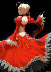 Rule 34 | 10s, 1girl, aestus estus, ahoge, arm at side, artist name, ass, ass cutout, back, backless outfit, black background, black pantyhose, blonde hair, braid, butt crack, closed mouth, clothing cutout, dress, epaulettes, eyebrows, fame peera, fate/extra, fate (series), from behind, green eyes, hair ribbon, highres, holding, holding sword, holding weapon, long dress, nero claudius (fate), nero claudius (fate) (all), nero claudius (fate/extra), panties, pantyhose, profile, puffy short sleeves, puffy sleeves, red dress, red ribbon, ribbon, see-through, short sleeves, solo, standing, sword, underwear, weapon, white panties, wide sleeves