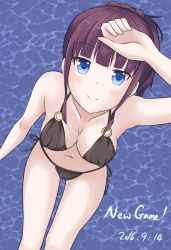 Rule 34 | 10s, 1girl, ai cao, bikini, blue eyes, blush, breasts, brown hair, cameltoe, dated, highres, large breasts, looking at viewer, looking up, mole, mole on breast, navel, new game!, smile, solo, swimsuit, takimoto hifumi